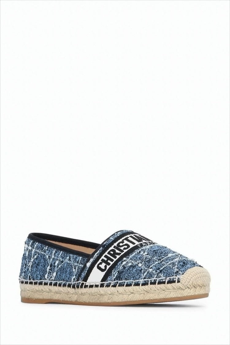 Christian Dior Textured Denim Espadrille Flats With Woven Jute Sole