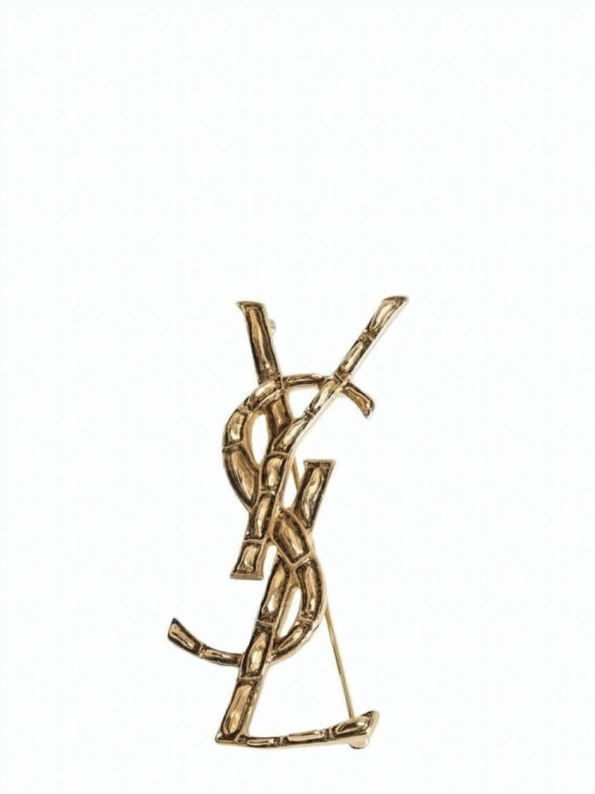 Saint Laurent Gold-Tone Crocodile-Inspired Ysl Logo Brooch