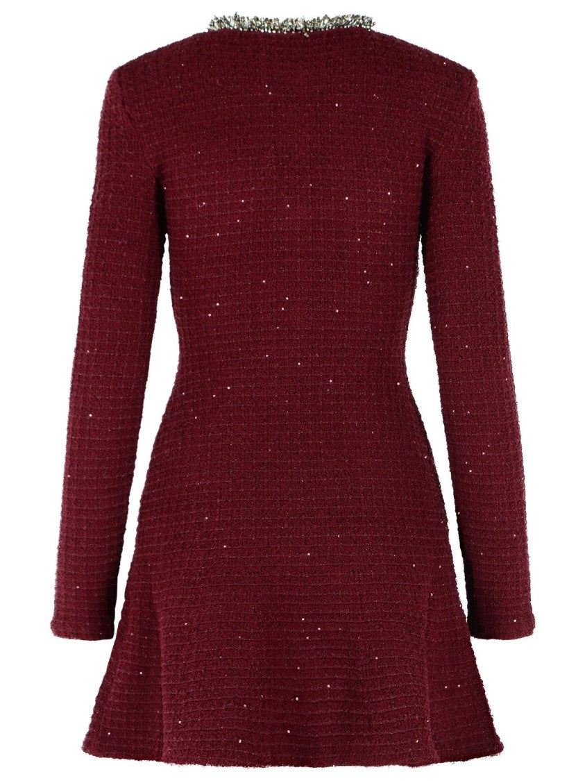 Self-Portrait Burgundy Textured Mini Dress With Beaded Detailing