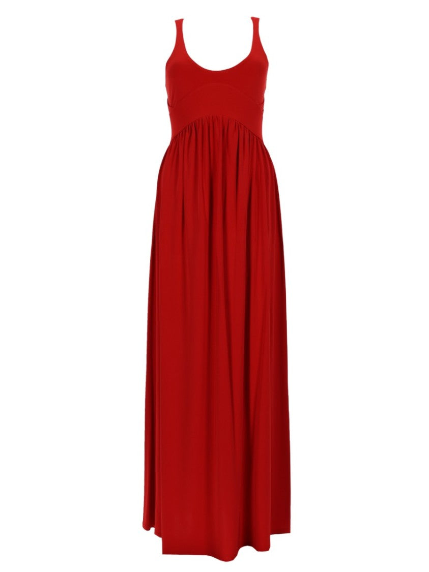 Sportmax Flowing Red Crepe Jersey Long Dress With Gathered Waist