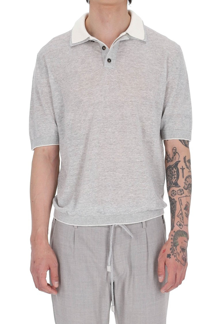 Eleventy Grey Linen-Cotton-Cashmere Double-Collar Polo Shirt