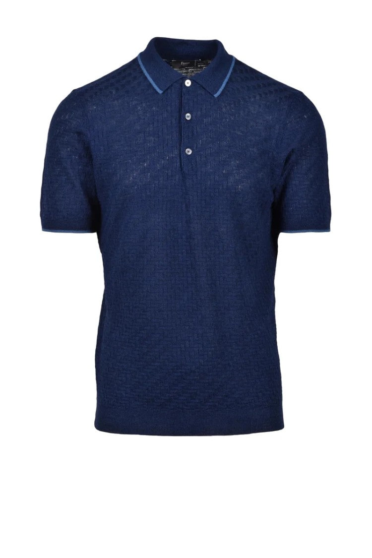 Fama Blue Linen And Cotton Knit Polo