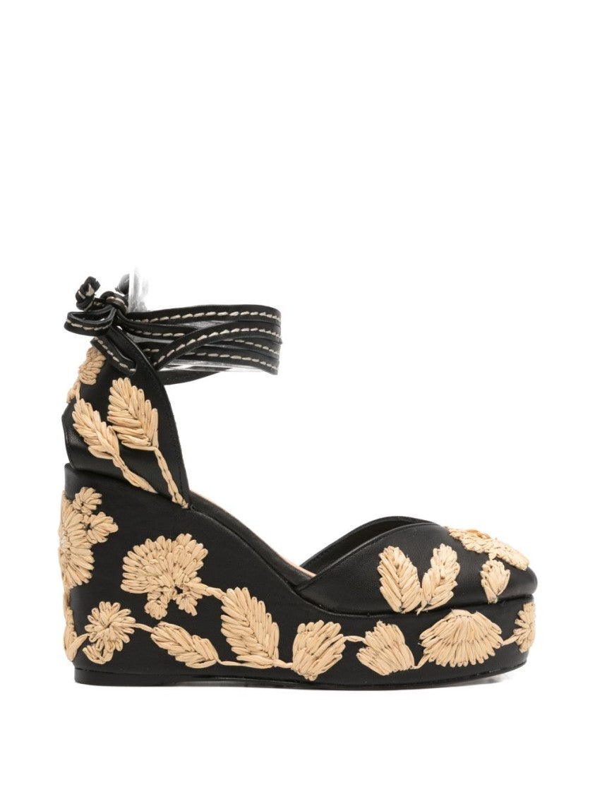 Castaner Embroidered Black Wedge Sandals With Bow Detail