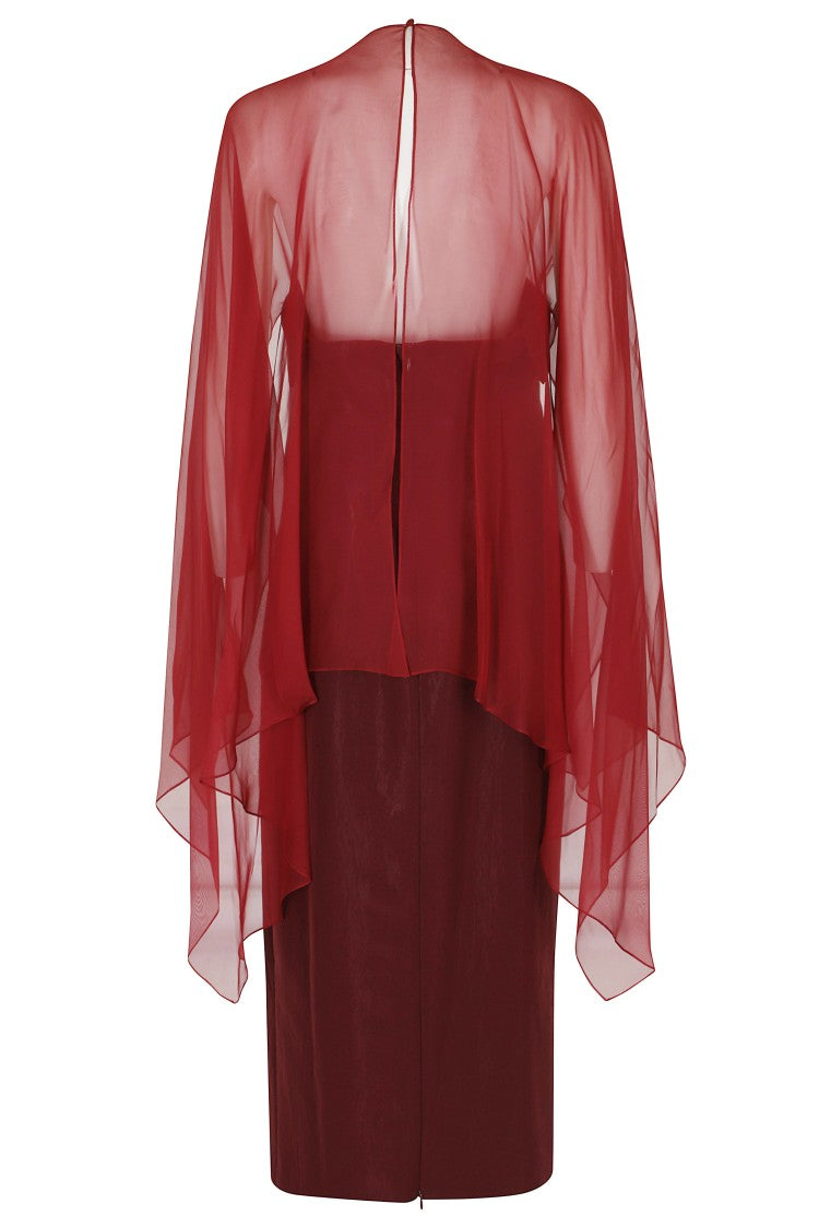 Alberta Ferretti Red Liquid Tailoring Sheer Panel Viscose-Blend Midi Dress
