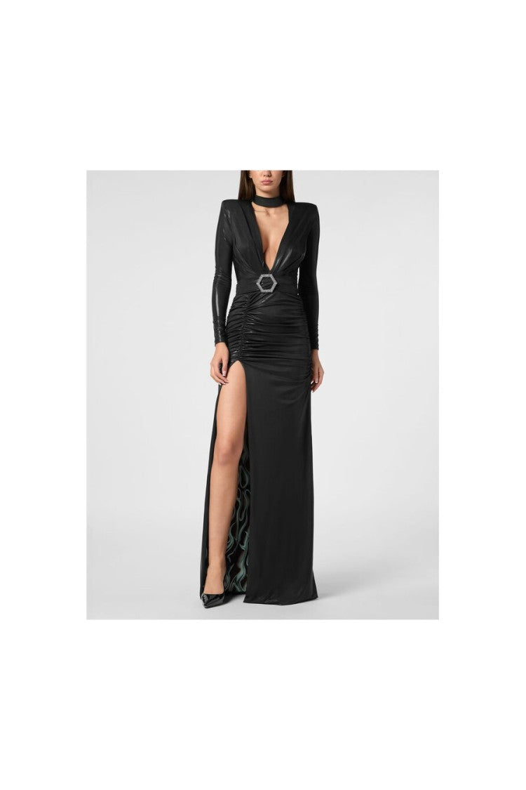 Philipp Plein Deep V-Neck Dress With Ruched Waist