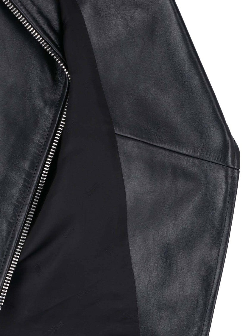 Diesel Cropped Black Leather Jacket With Asymmetrical Front