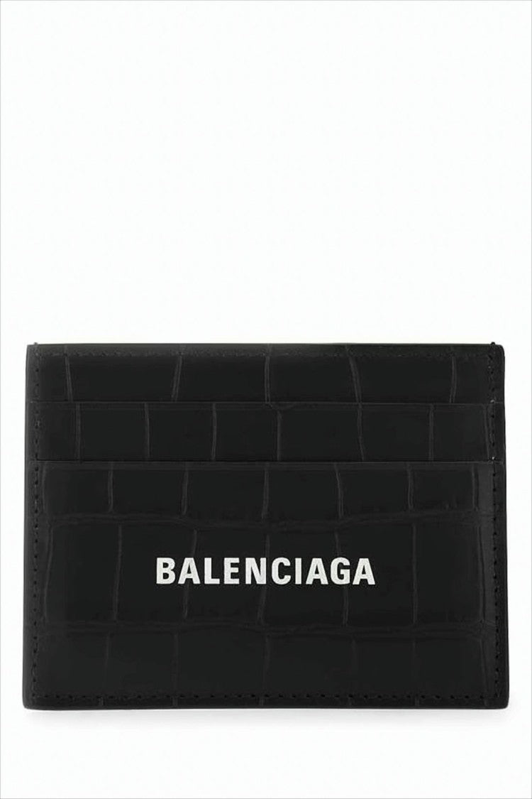 Balenciaga Textured Black Crocodile Pattern Card Wallet With Bold Logo