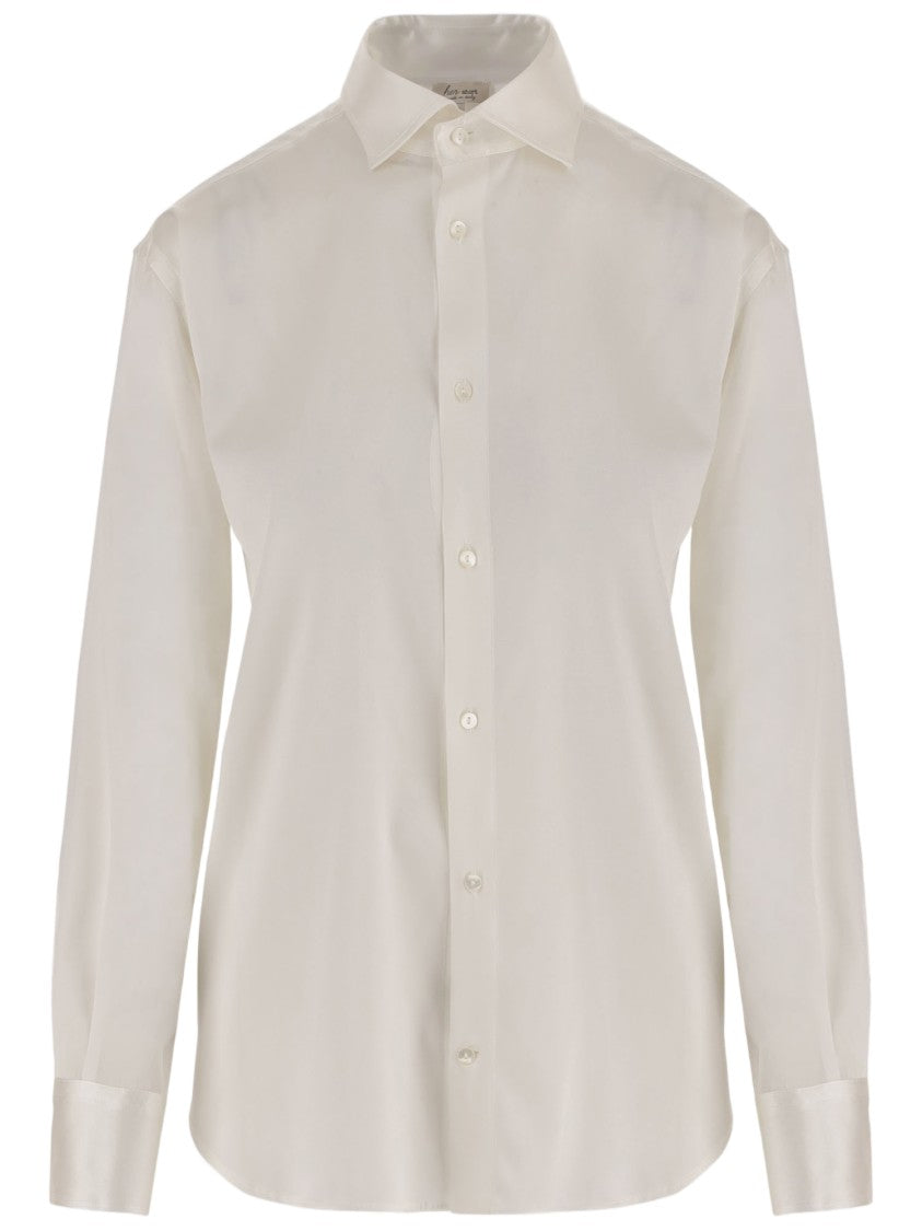 Her Shirt White Curved Hem Buttoned Cuffs Stretch Silk Shirt