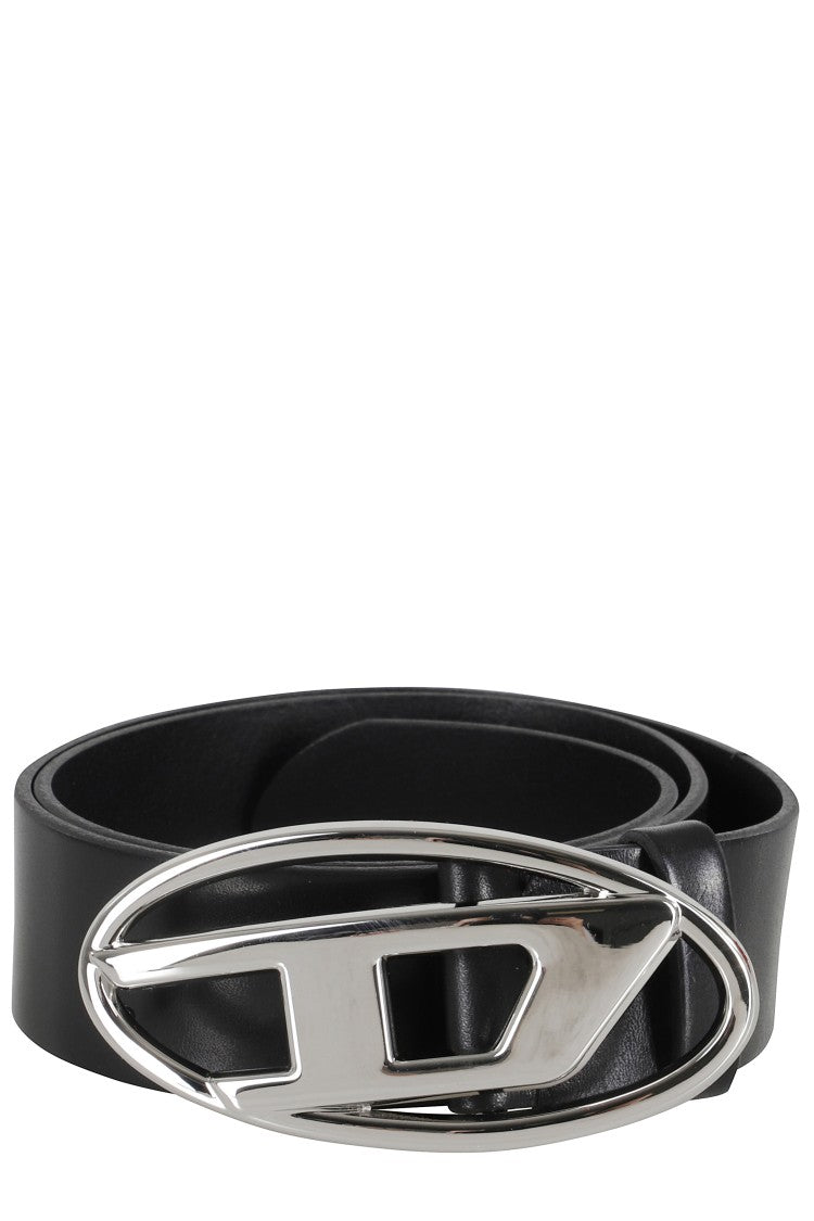 Diesel Black Leather Belt With Polished Oval Buckle