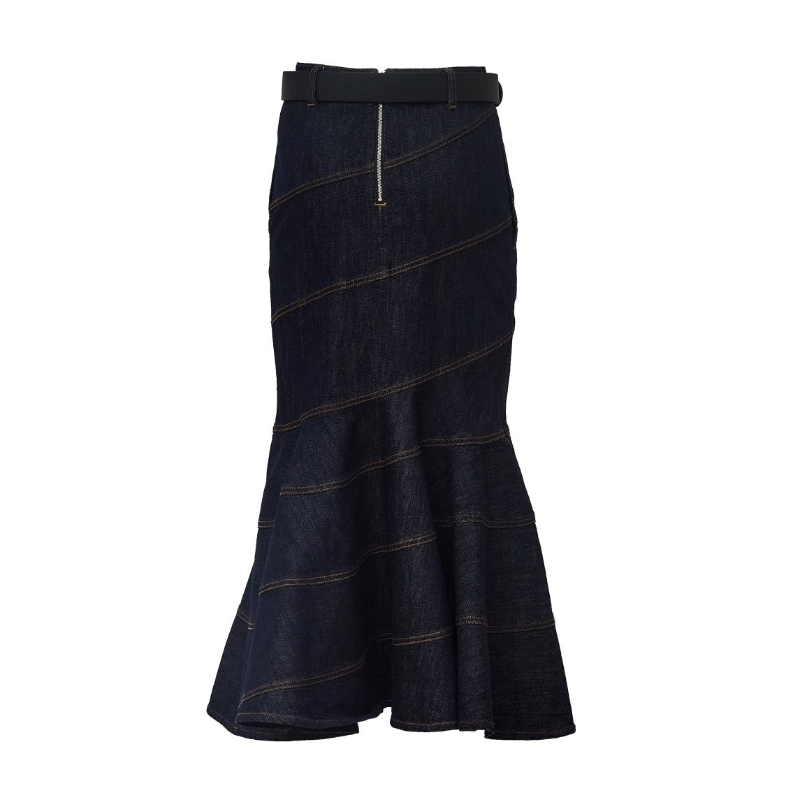 Self-Portrait Indigo Denim Midi Skirt With Removable Belt And Mermaid Hem