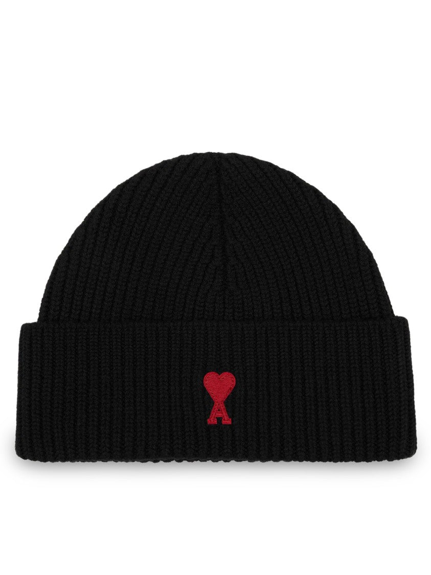 Ami Paris Quota Red Ami De Coeur Ribbed Wool Beanie