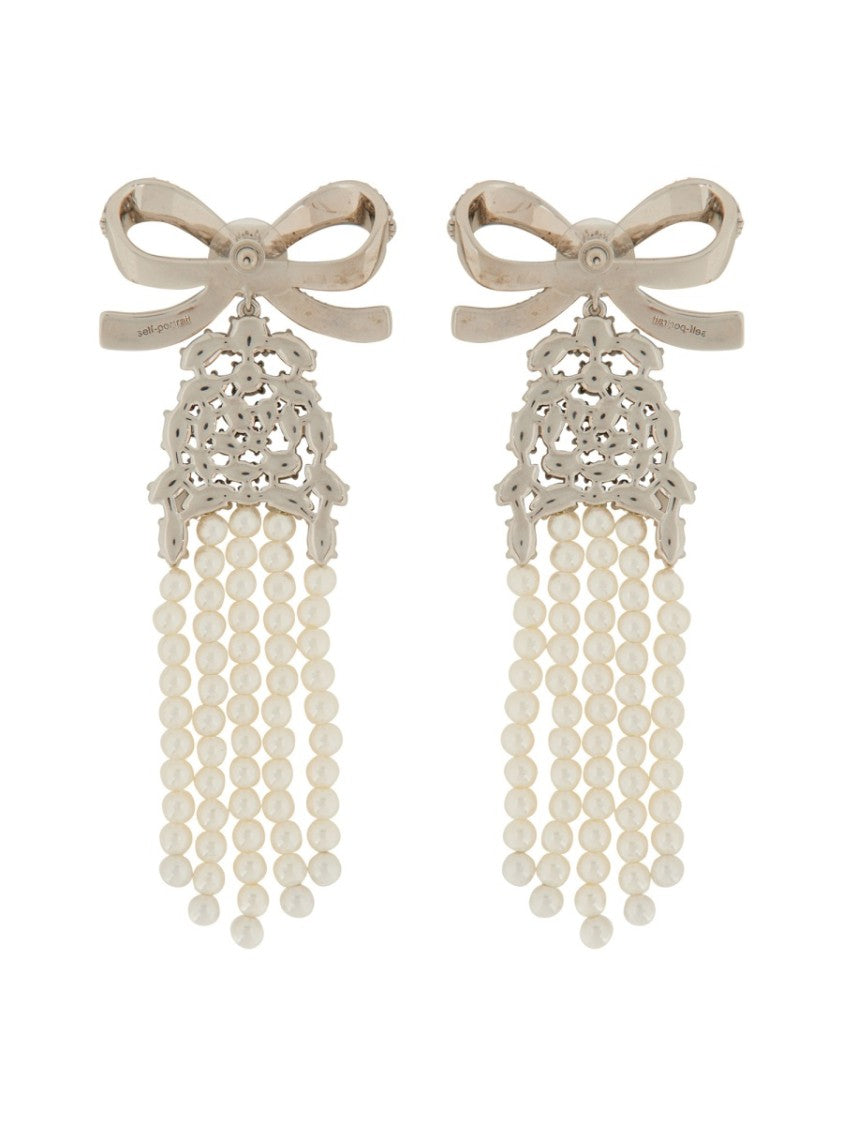 Self-Portrait Drop Earrings With Delicate Bow And Pearl Strands