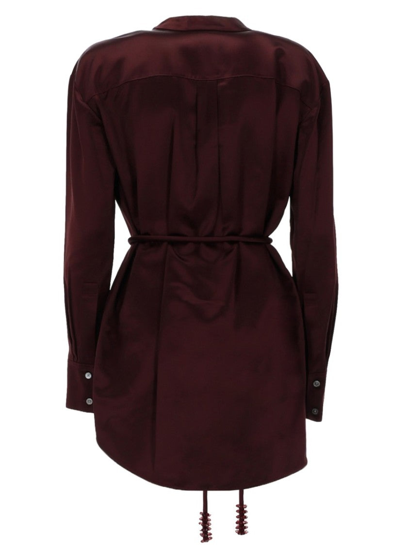 Tory Burch Deep V-Neck Satin Burgundy Belted Top