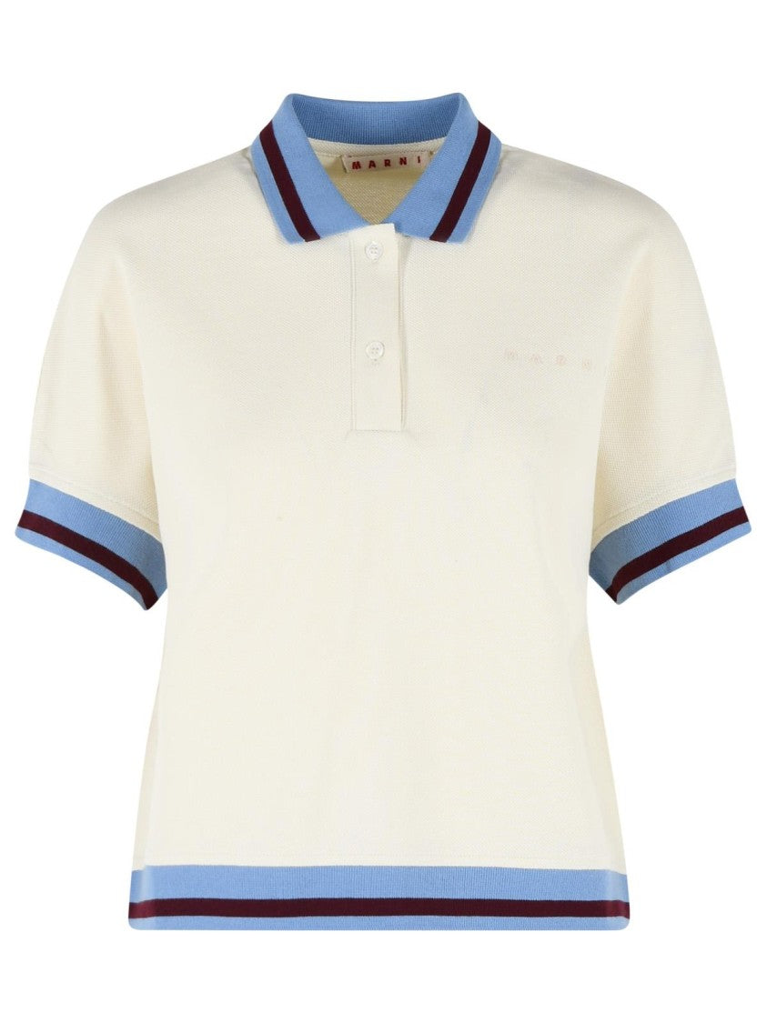 Marni Ivory Cotton Polo Shirt With Light Blue Collar And Burgundy Accents
