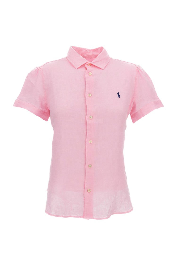 Polo Ralph Lauren Cropped Pink Linen Shirt With Front Button Fastening