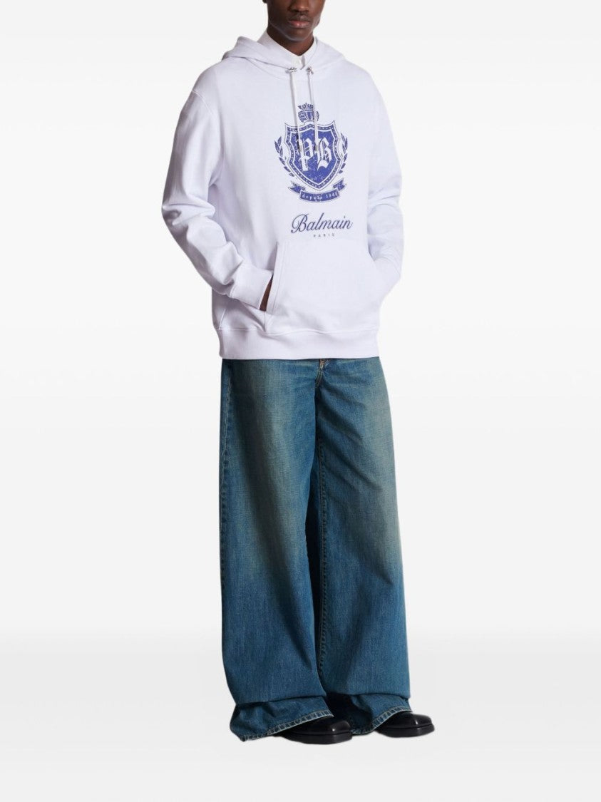 Balmain White Cotton Emblem Print Sweatshirt