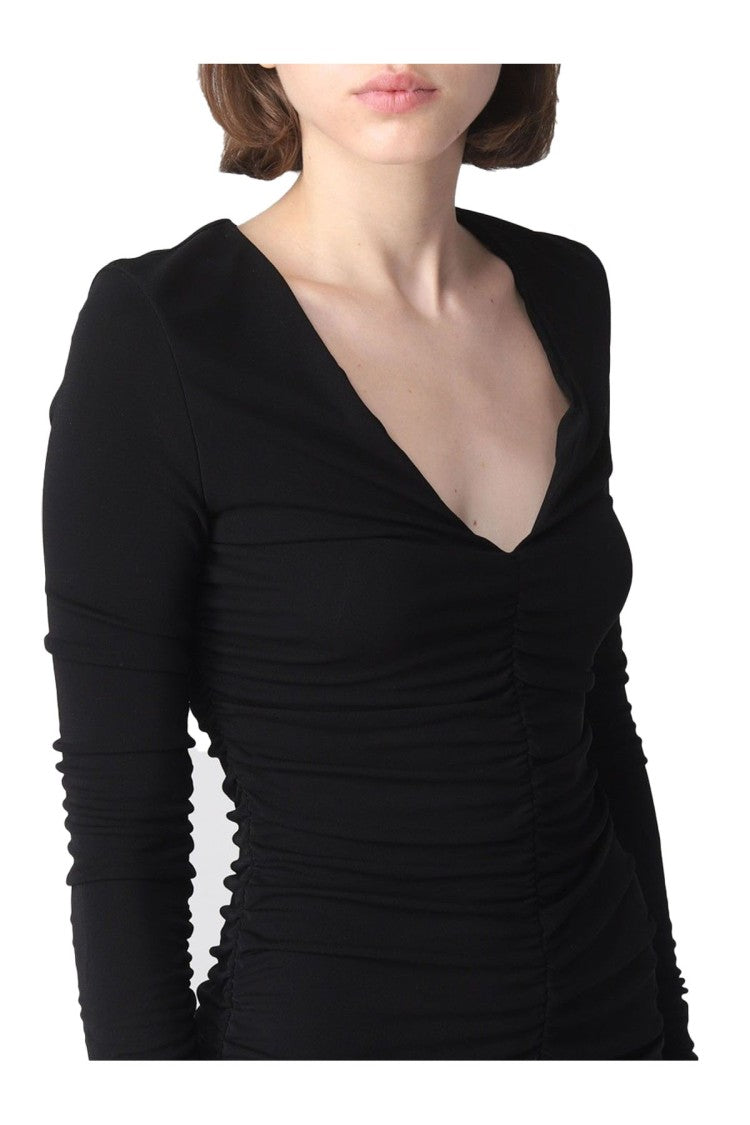 Pinko Fitted Black Mini Dress Ruched V-Neckline