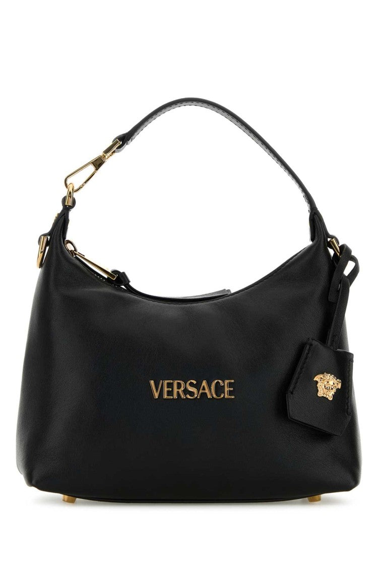 Versace Black Leather Hobo Versace Tag Handbag