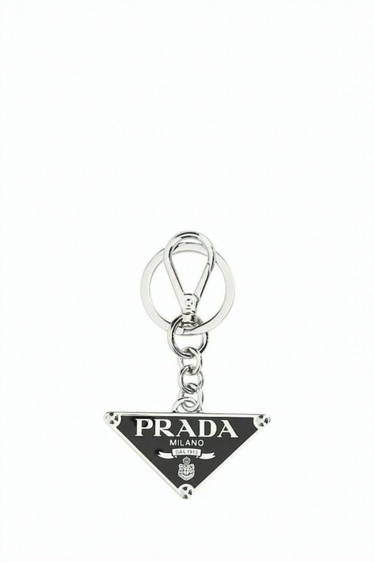 Prada Triangular Pendant Metal Keyring With Polished Silver Finish