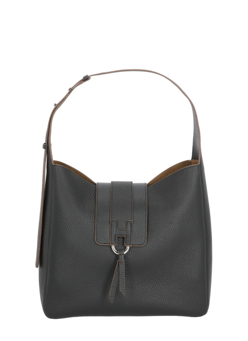 Hogan Black Textured Embossed Logo Leather Shoulder Bag