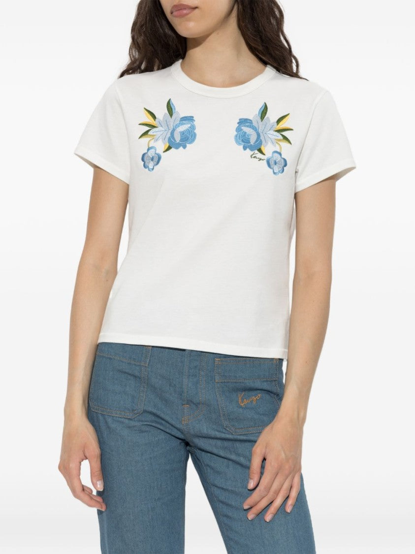 Kenzo Short-Sleeved White Top With Floral Embroidery