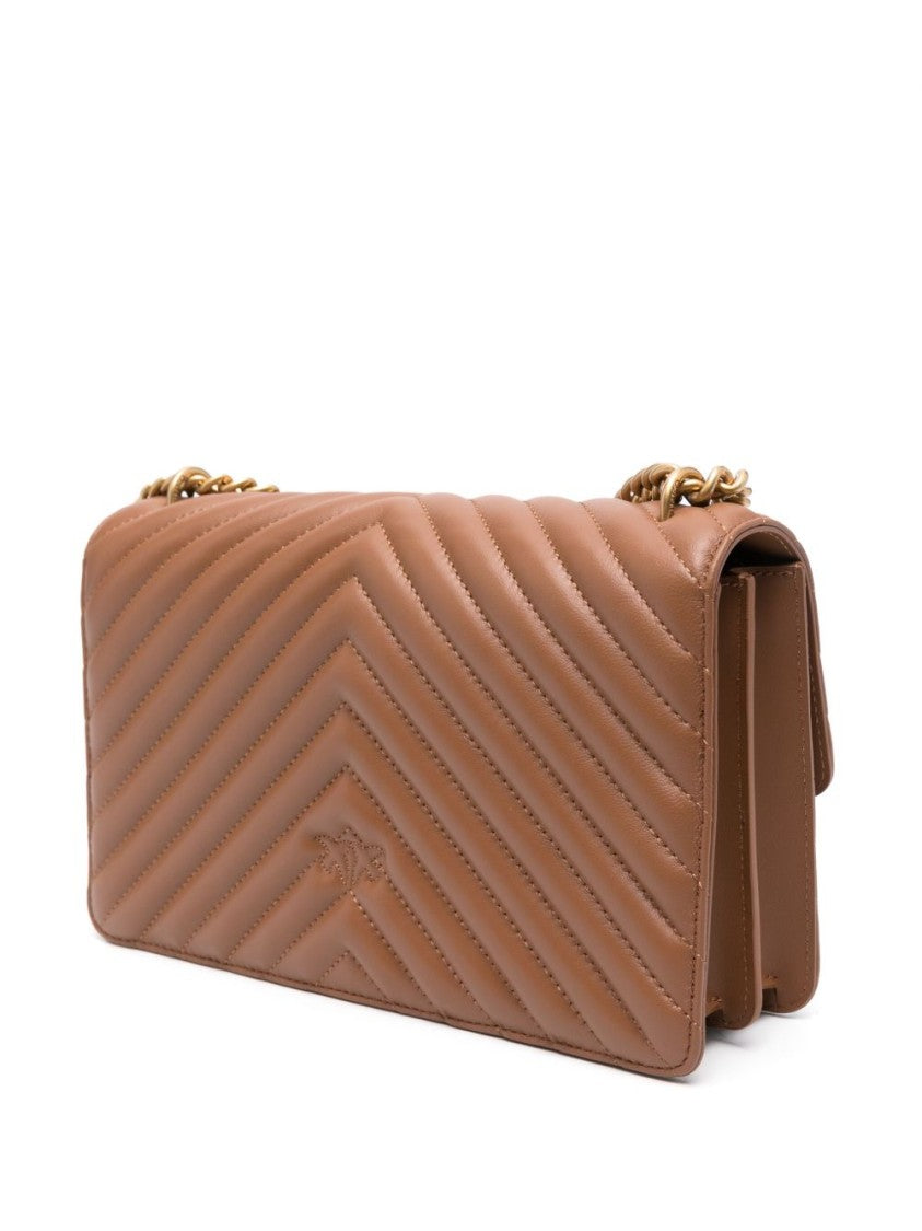 Pinko Quilted Brown Calfskin Shoulder Bag With Gold Hardware