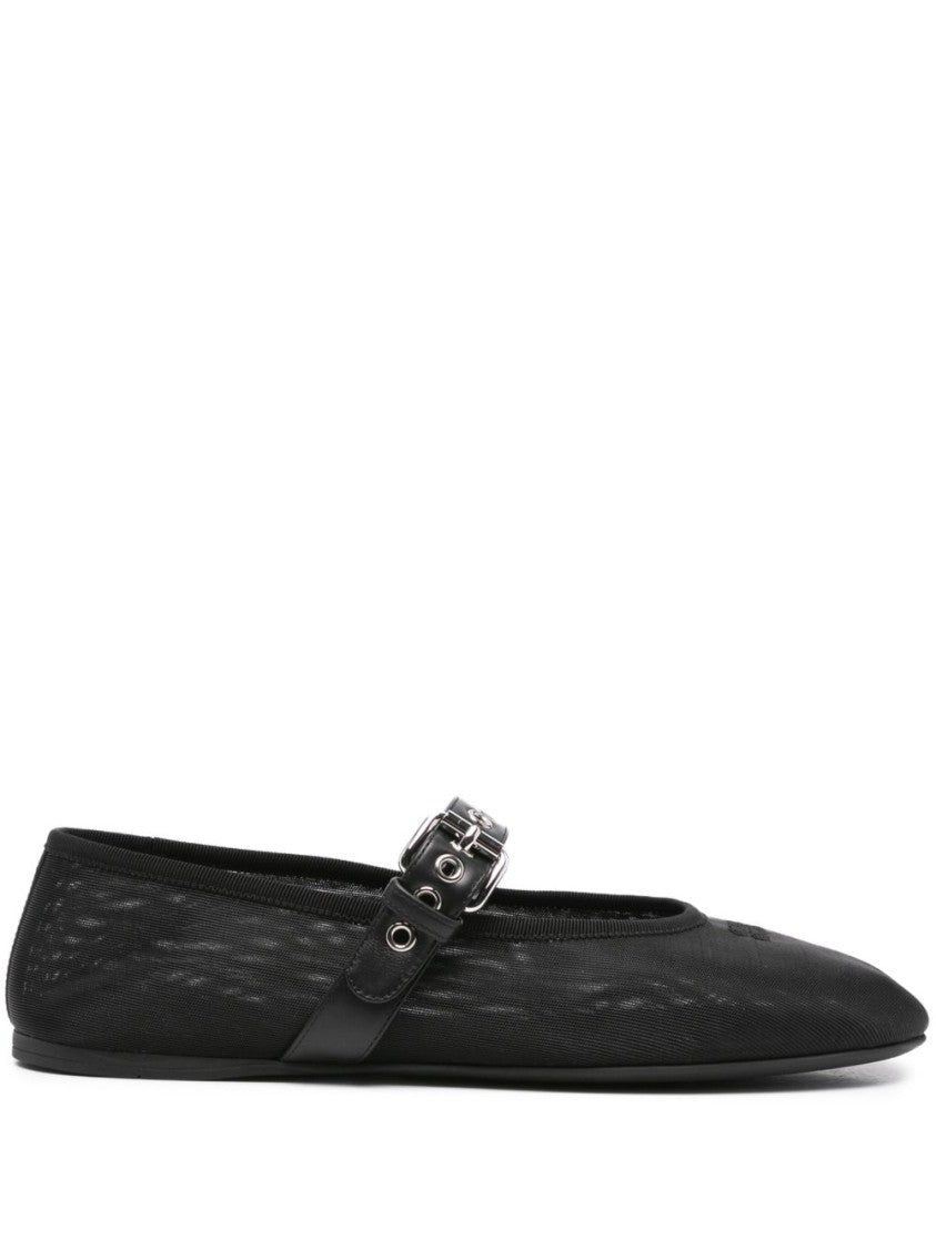 Miu Miu Black Mesh Fabric Embroidered Logo Ballerinas