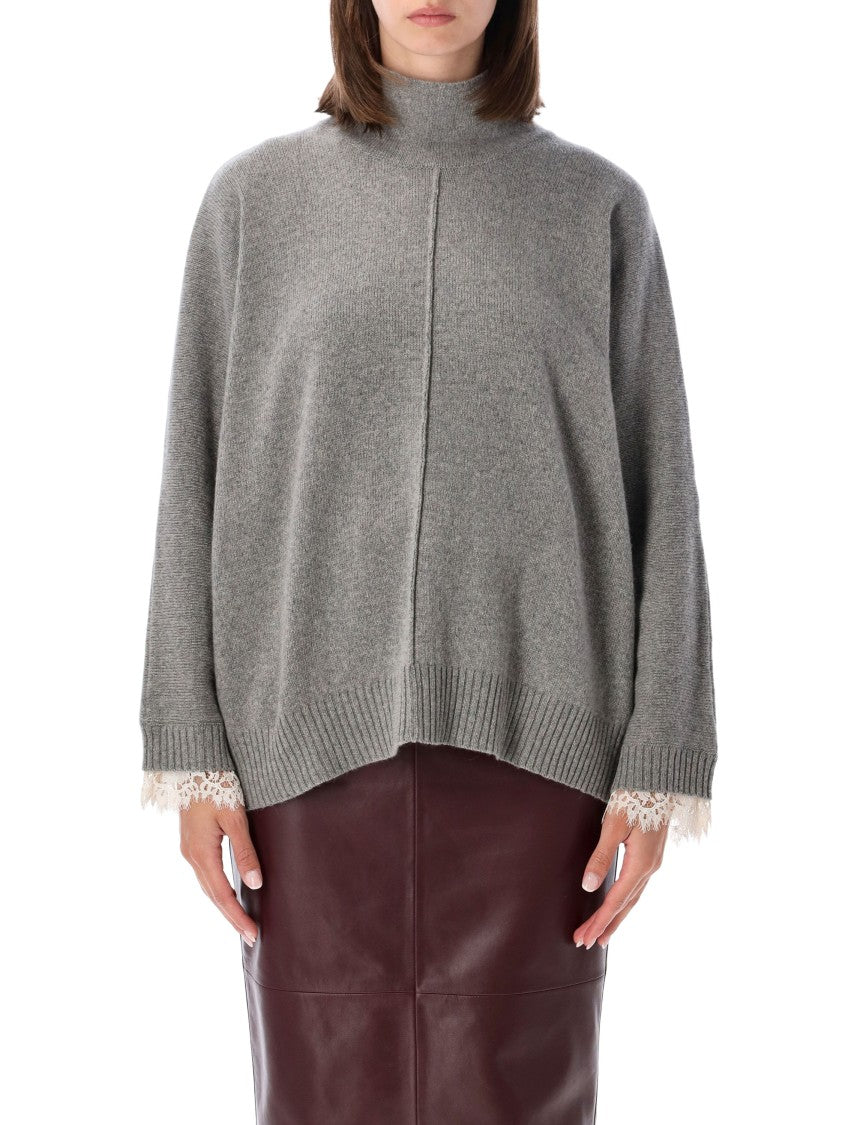 Alberta Ferretti Grey Cashmere Lace-Trim Sweater