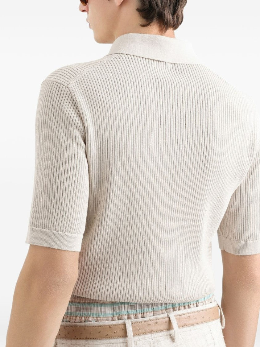 Dolce & Gabbana Cream Ribbed Fitted Cuff Polo Shirt