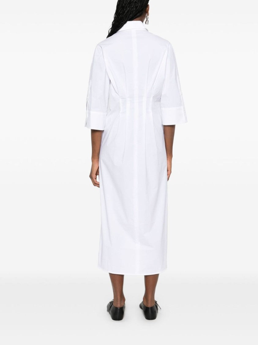 Seventy Pleated White Dress With Buttoned Cuffs And Side Slits