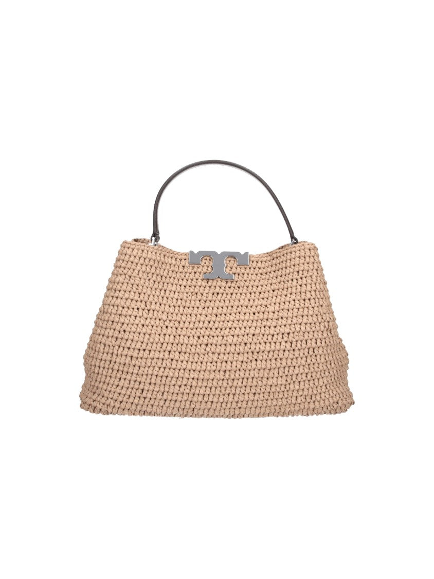Tory Burch Beige Textured Trapezoidal Woven Bag