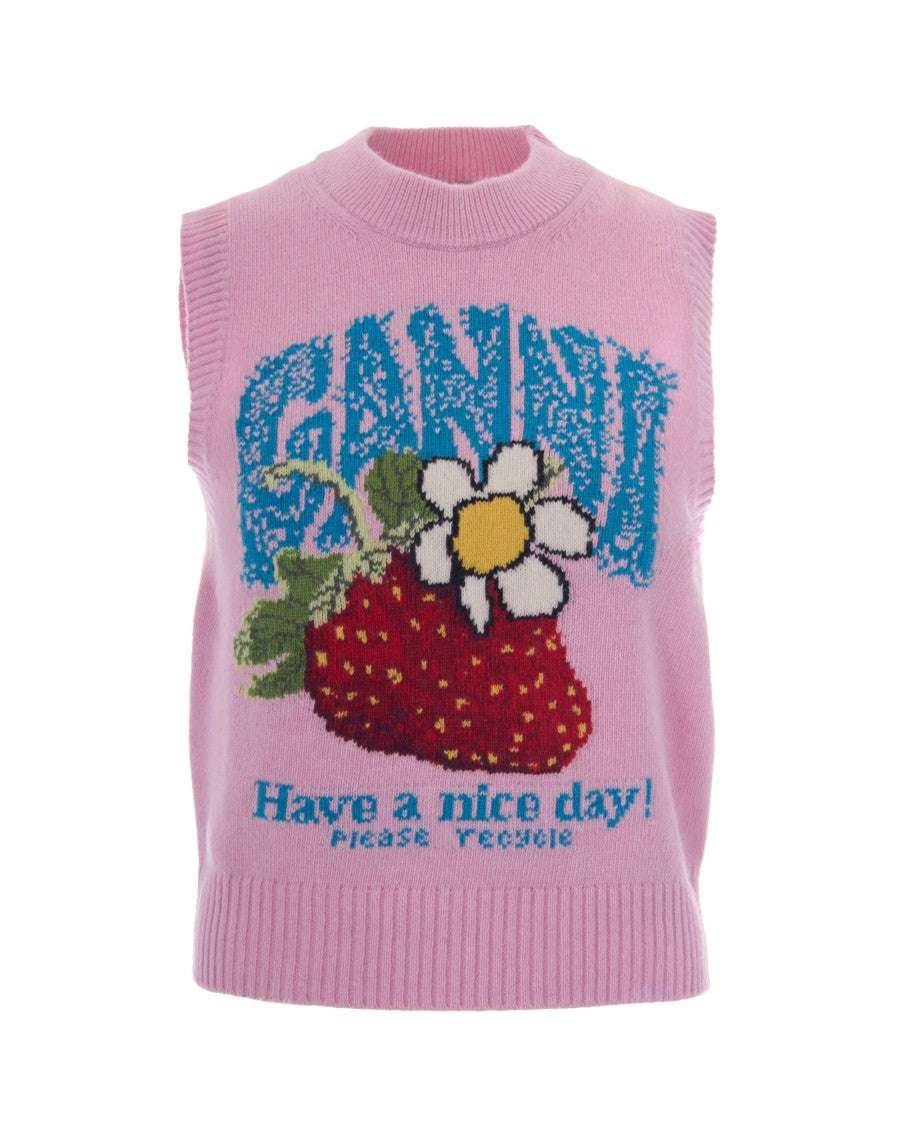 Ganni Cherry Pink Strawberry Printed Wool Vest