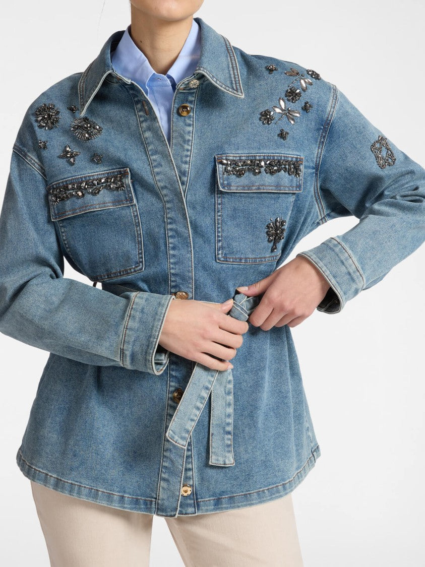 Elena Miro` Denim Overshirt Beaded Embellished Belted Jacket