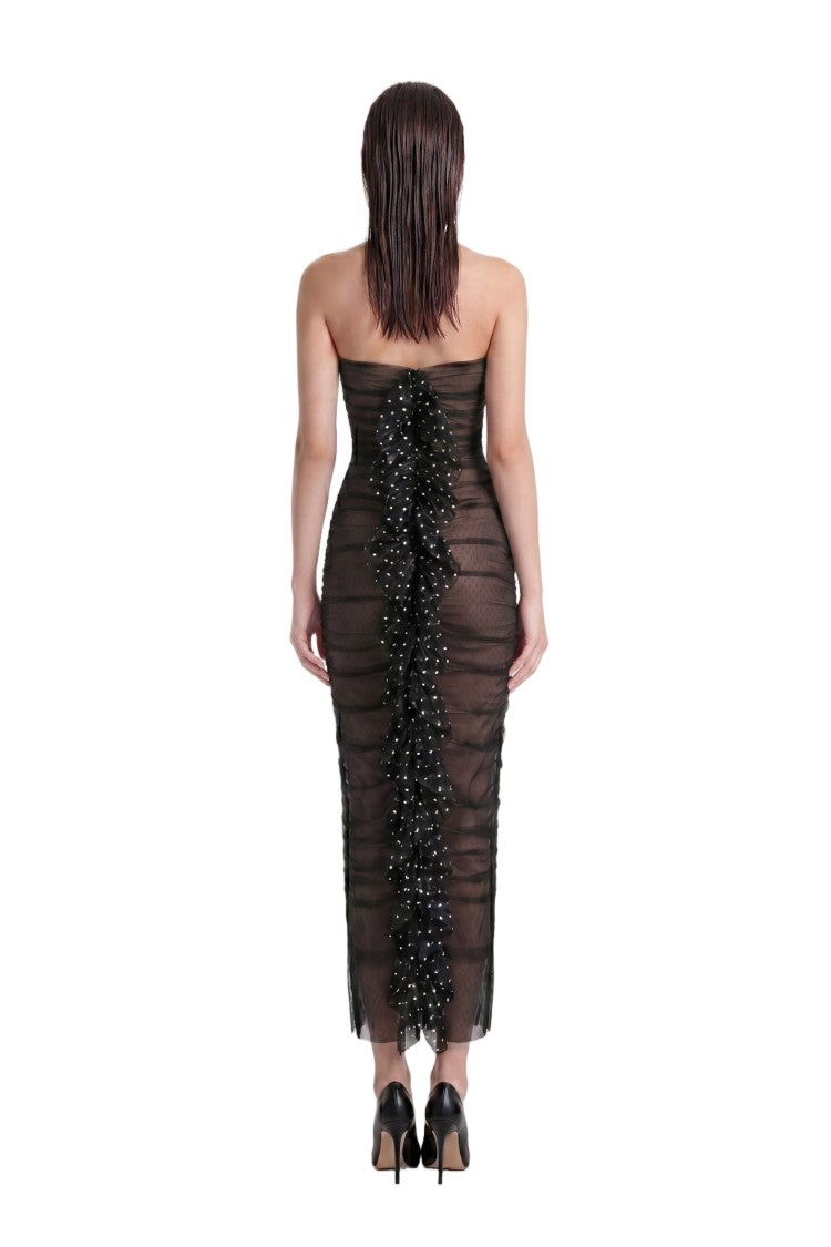 Saiid Kobeisy Fitted Sheer Dotted Midi Dress With Cascading Ruffle Detail