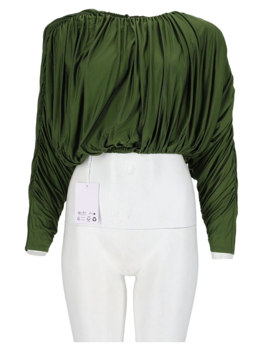 Self-Portrait Green Ruched Voluminous Viscose-Blend Top