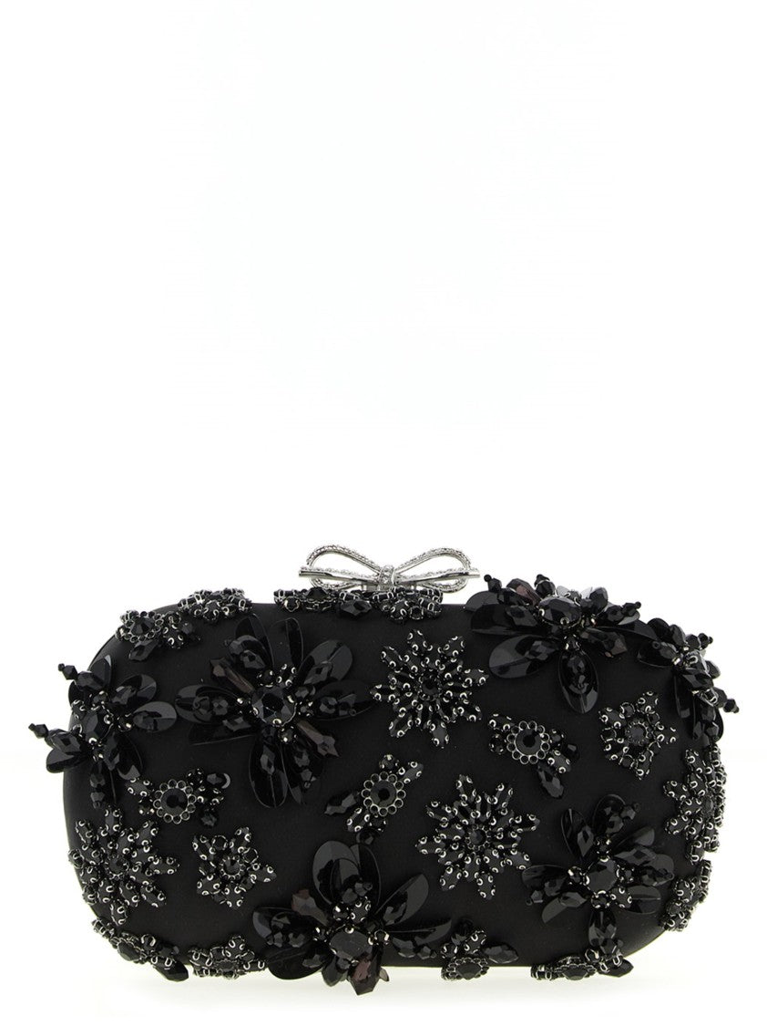 Self-Portrait 'Black Satin Floral Crystal' Clutch
