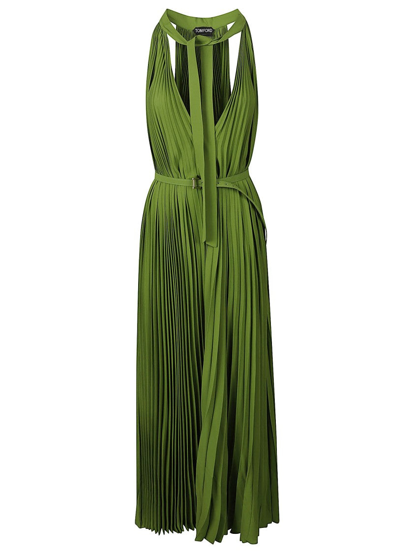 Tom Ford Pleated Midi Dress With Deep V-Neckline And Fitted Waist