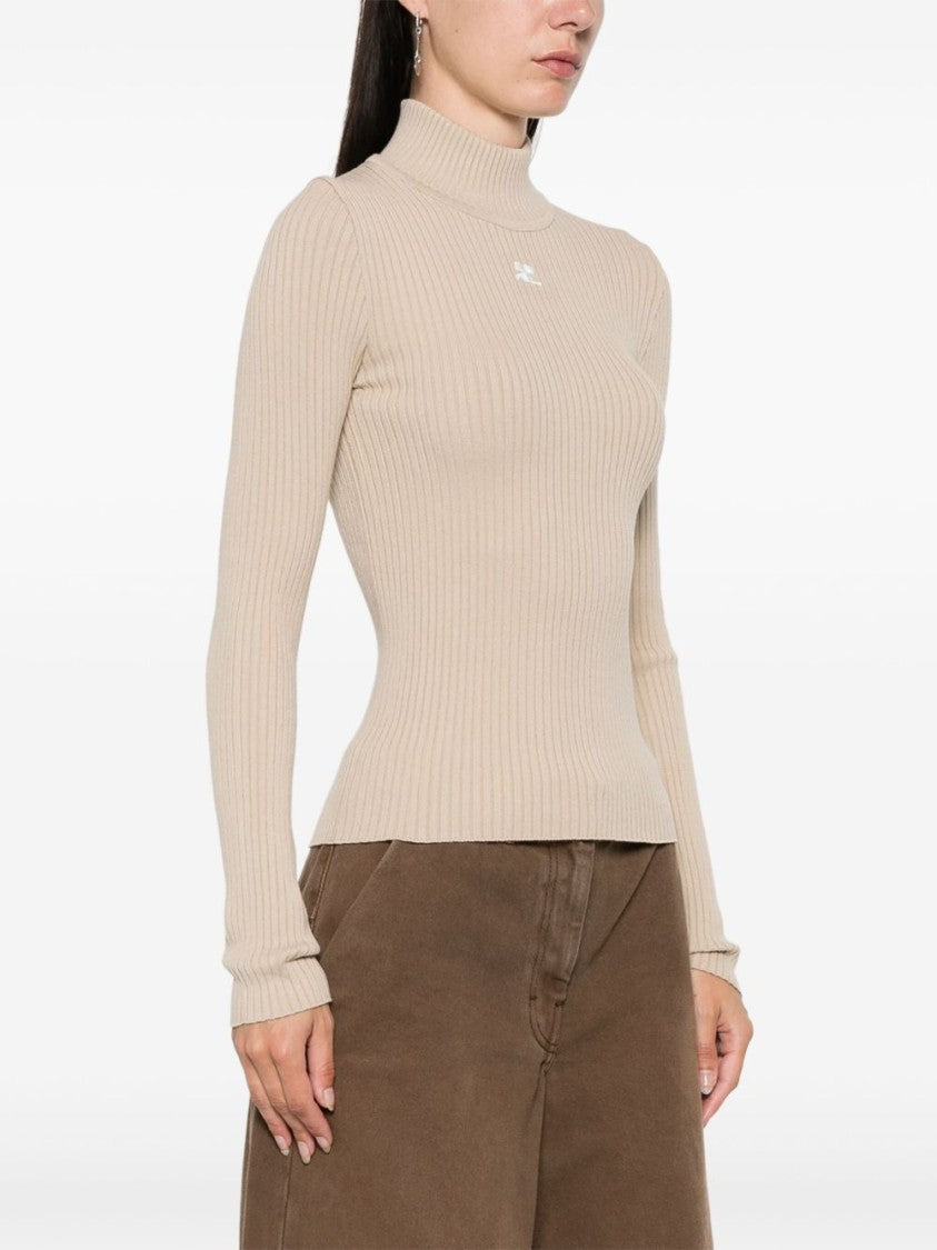 Courrèges Ribbed Knit Sweater With Mock Neck And Distinctive Logo