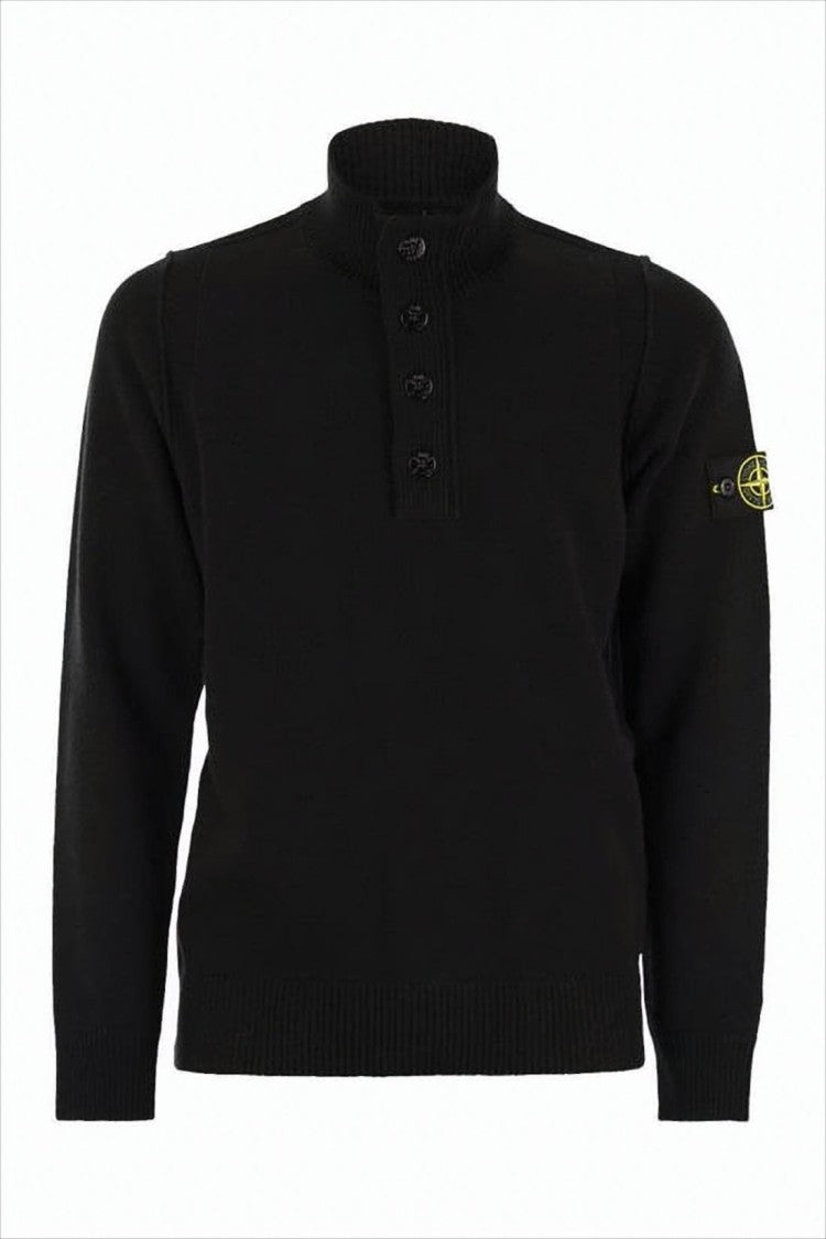 Stone Island Ribbed Black Turtleneck Sweater With Distinctive Patch