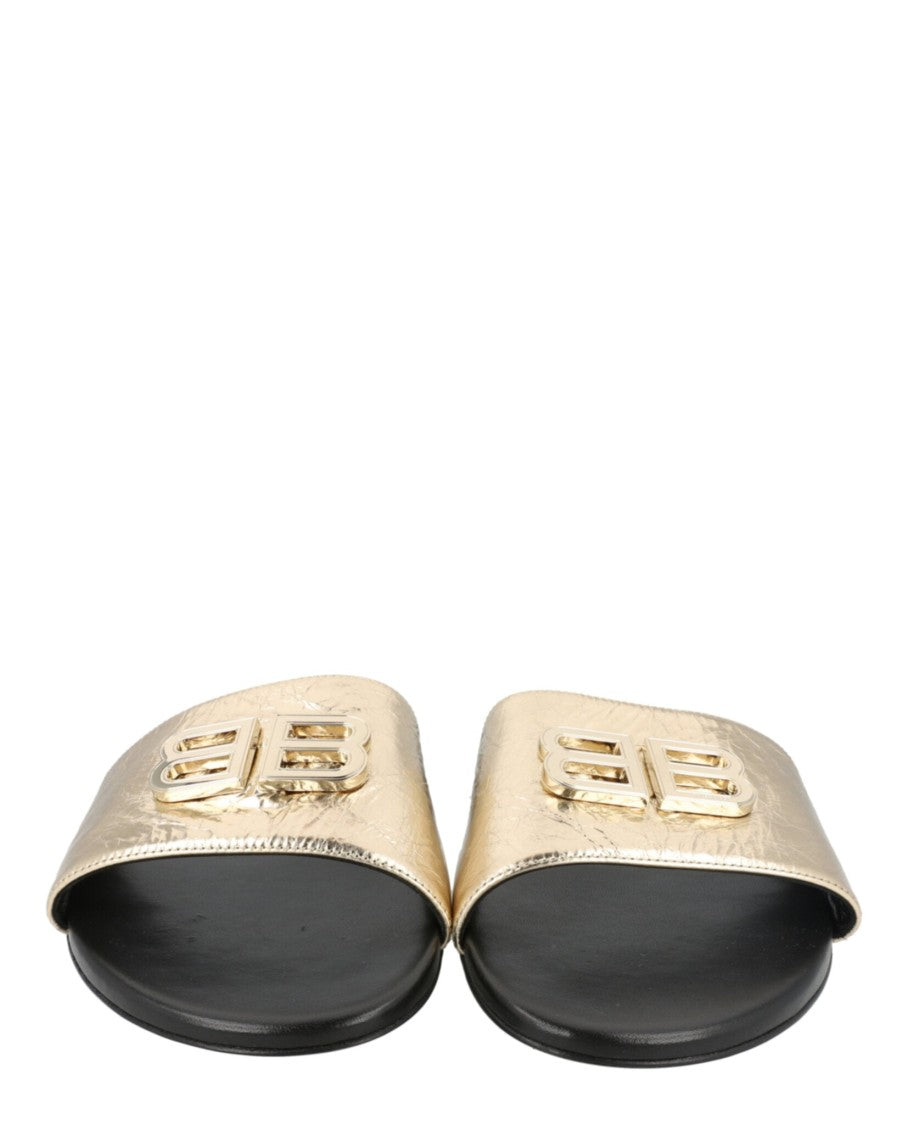 Balenciaga Minimalist Gold Sheepskin Flat Sandals With Signature Bb Logo