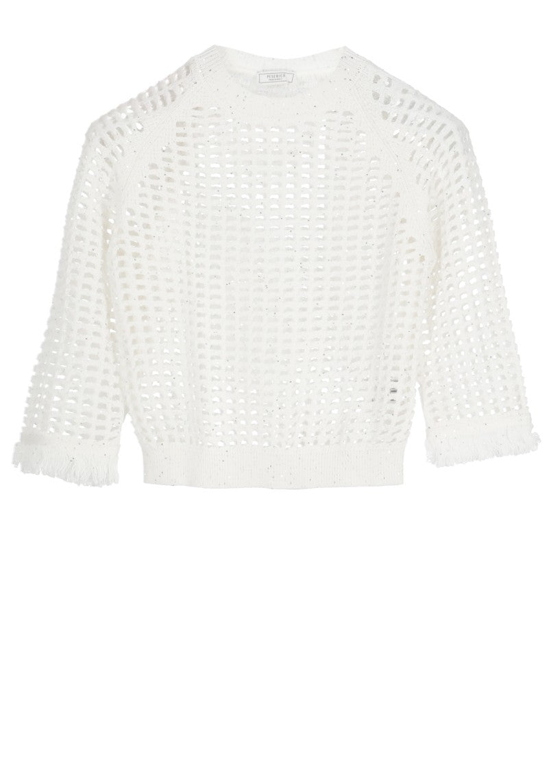 Peserico Ivory Cotton Sequin Perforated Sweater