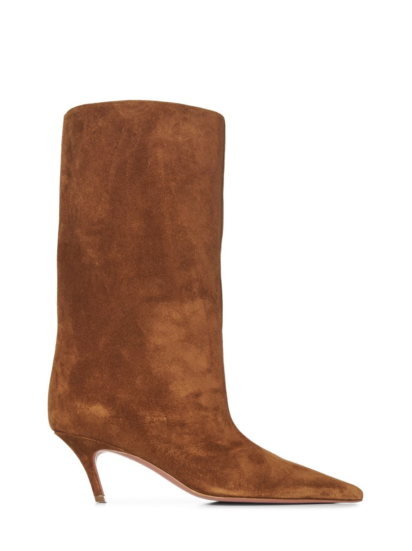 Amina Muaddi Brown Leather  Boots With Slanted Heel