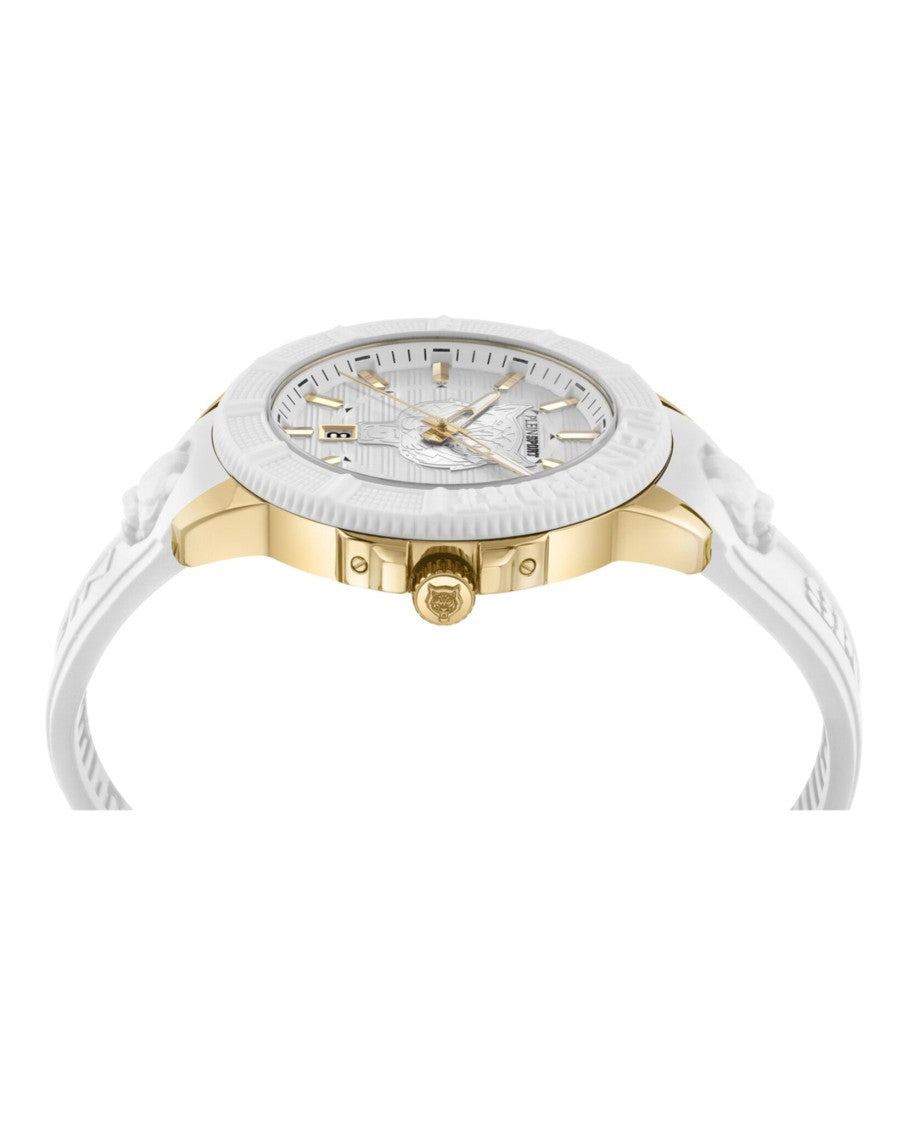 Plein Sport 45Mm Yellow Gold Case Silicone Watch With Silver Enamel Dial