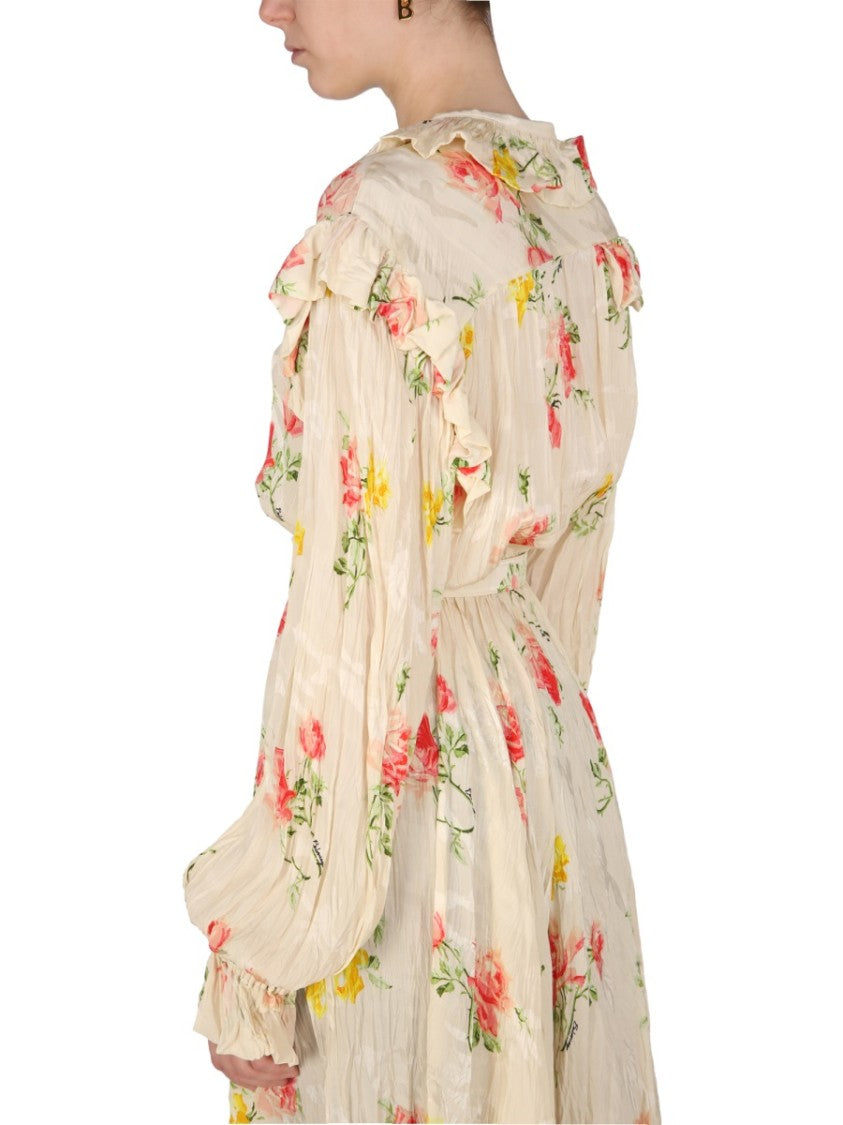 Balenciaga Floral Dress With Drawstring Collar And Flowing Silhouette