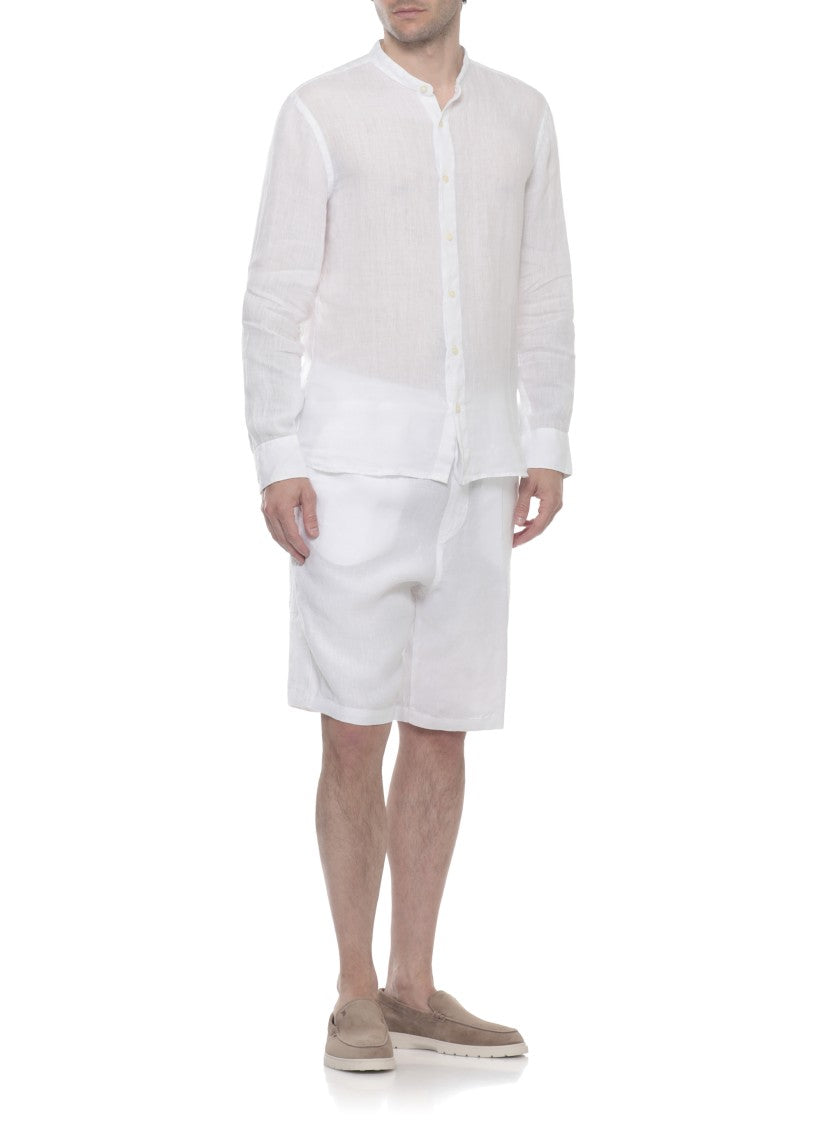 120% Lino White Mandarin Collar Linen Casual Shirt