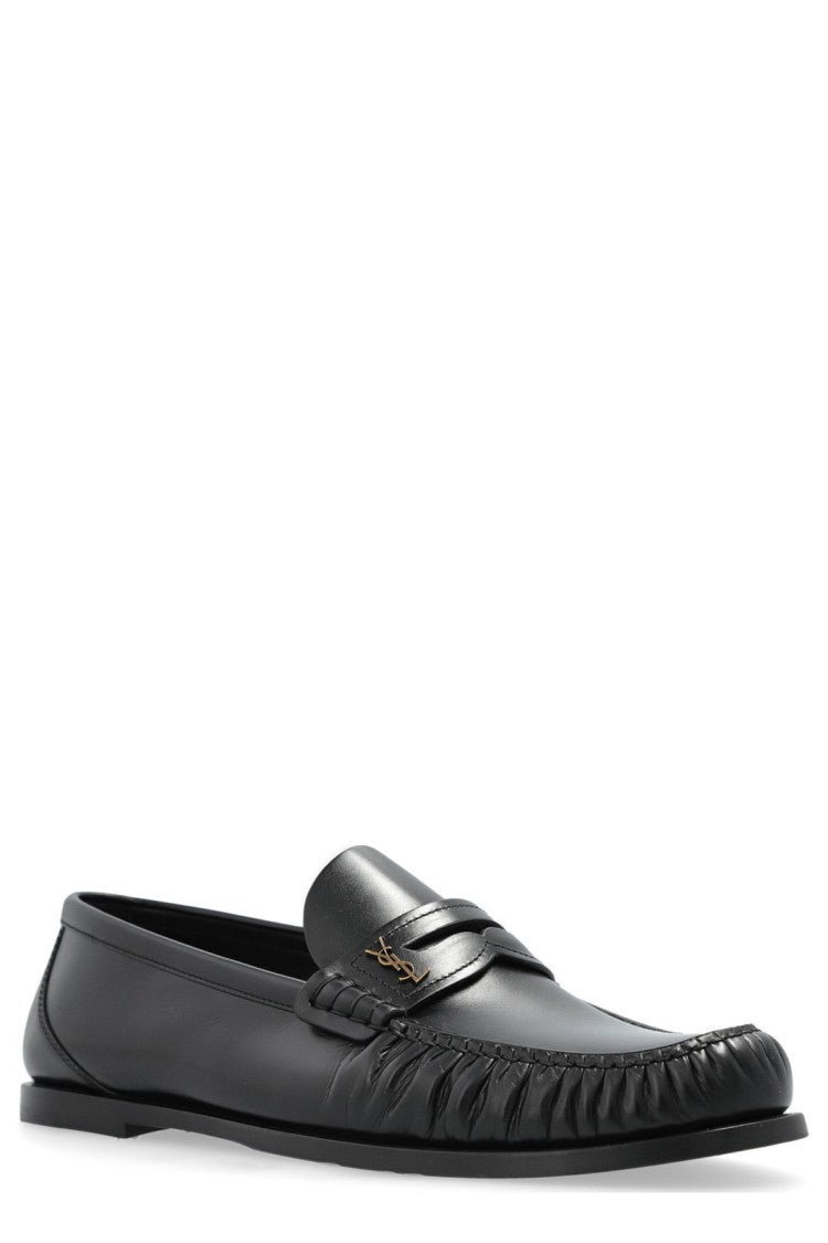 Saint Laurent Gathered Detail Black Calf Leather Loafers