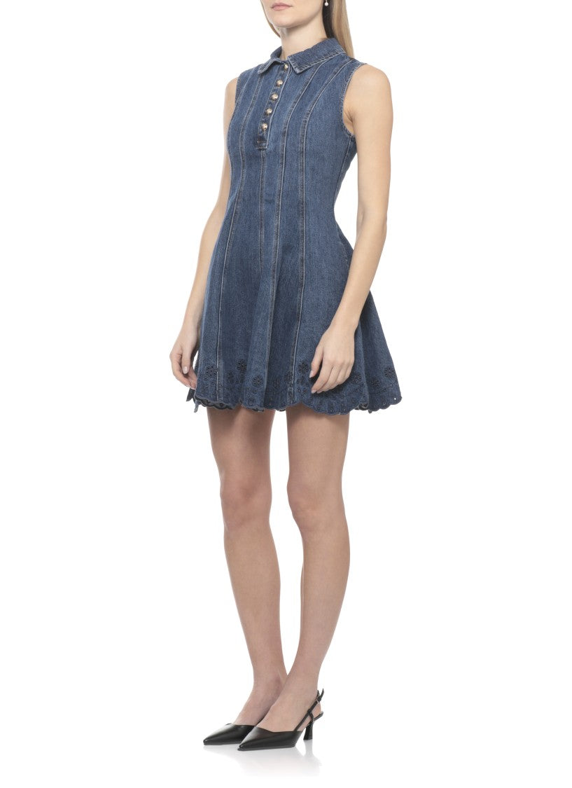 Self-Portrait Denim Mini Dress With Lace Embroidery And Classic Collar