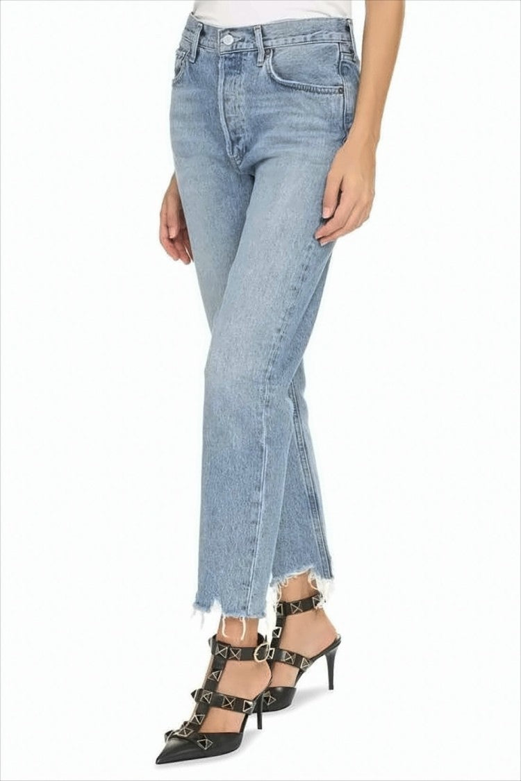 Agolde Light Blue Cropped Denim Pants With Frayed Hem