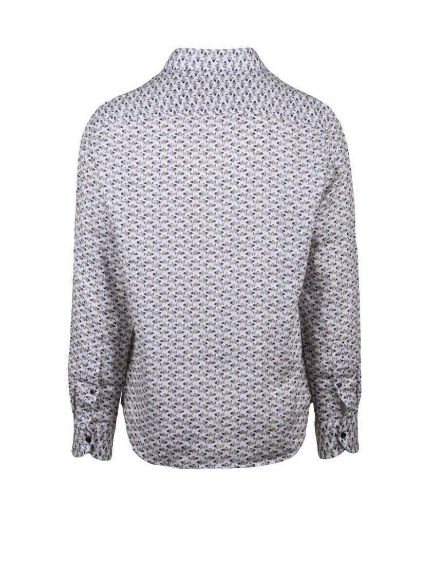 Sonrisa Patterned White Linen Shirt With Classic Collar And Relaxed Silhouette