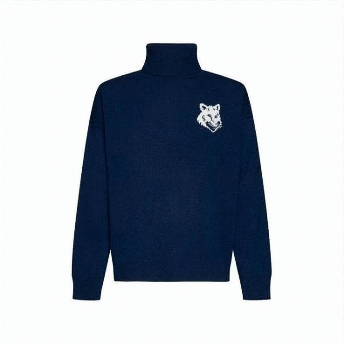 Maison Kitsuné Minimalist Blue Wool Turtleneck Sweater With Emblem